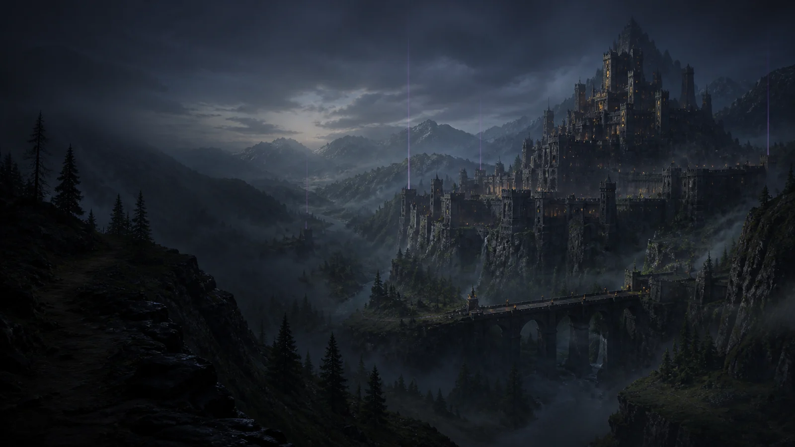 A distant stone castle overlooking a violet-lit mountain valley