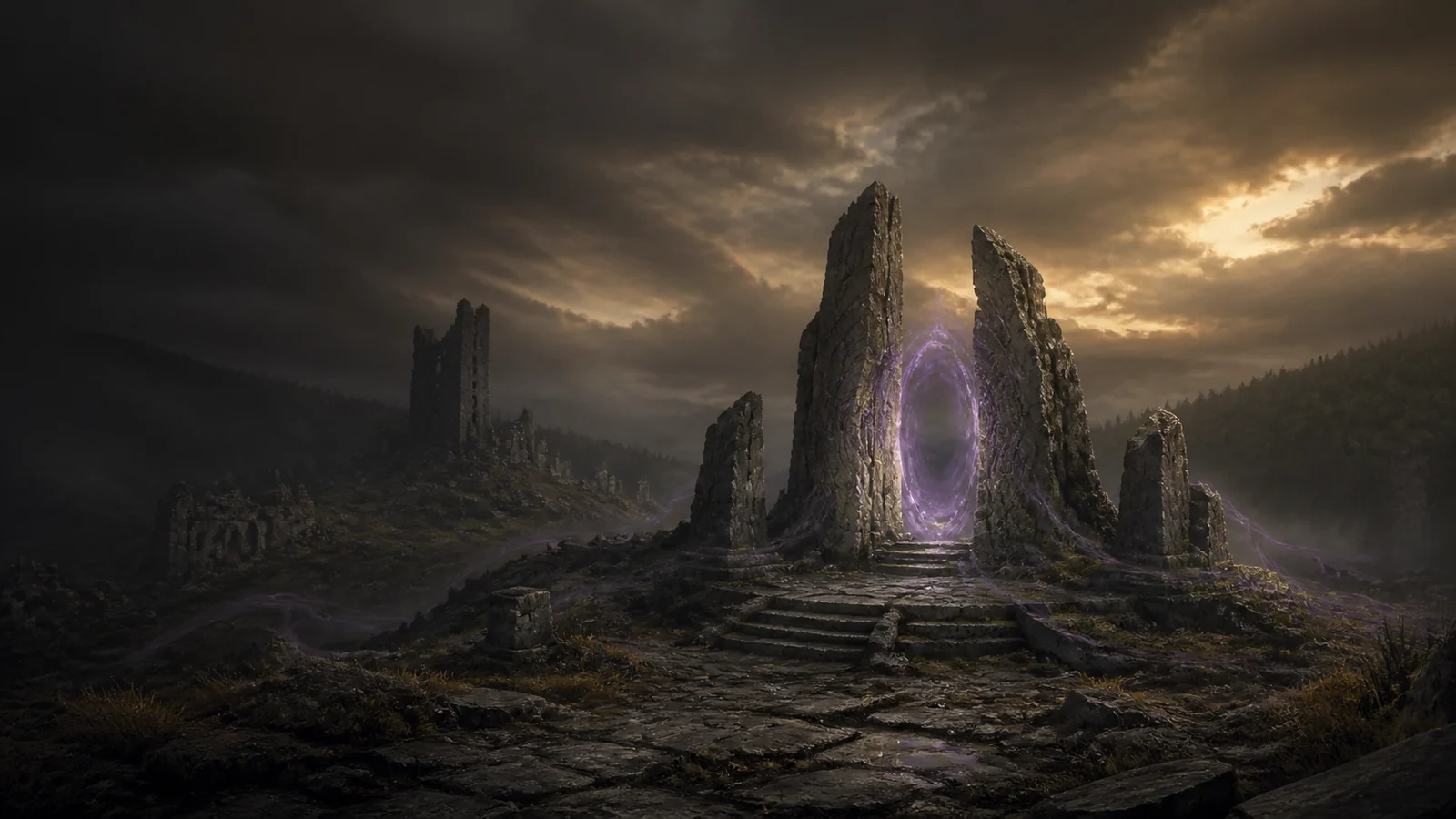 A mosslit wilderness portal opening between weathered standing stones